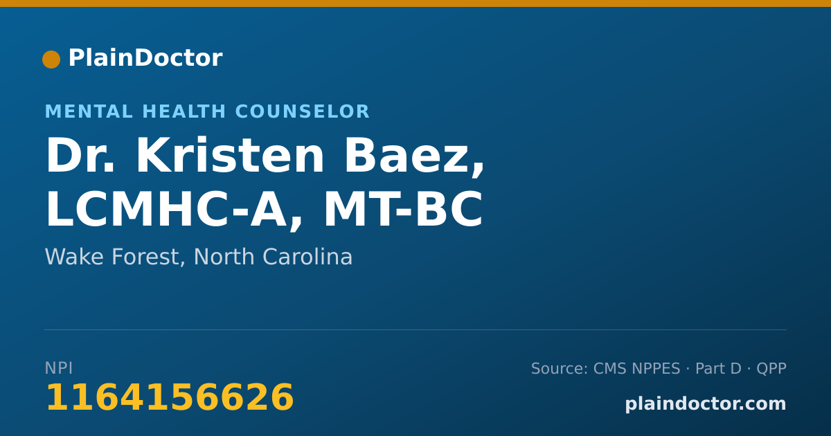 Shareable card for Kristen Baez, LCMHC-A, MT-BC - Mental Health Counselor, Wake Forest, NC