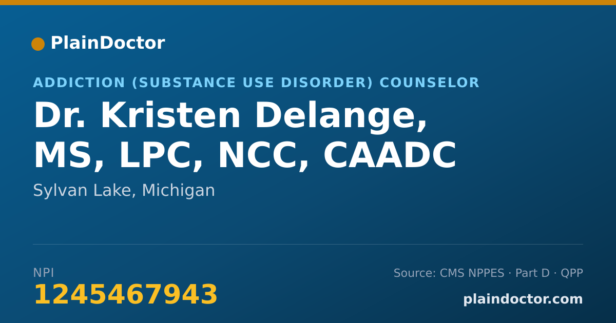 Shareable card for Kristen Delange, MS, LPC, NCC, CAADC - Addiction (Substance Use Disorder) Counselor, Sylvan Lake, MI
