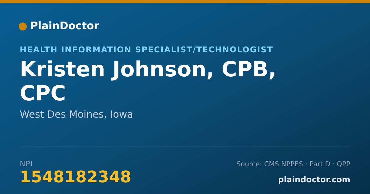 Shareable card for Kristen Johnson, CPB, CPC - Health Information Specialist/Technologist, West Des Moines, IA