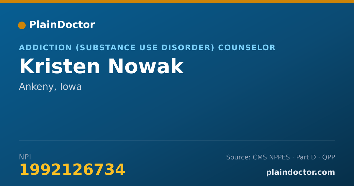 Shareable card for Kristen Nowak - Addiction (Substance Use Disorder) Counselor, Ankeny, IA