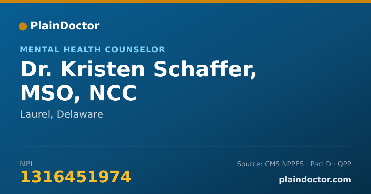 Shareable card for Kristen Schaffer, MSO, NCC - Mental Health Counselor, Laurel, DE