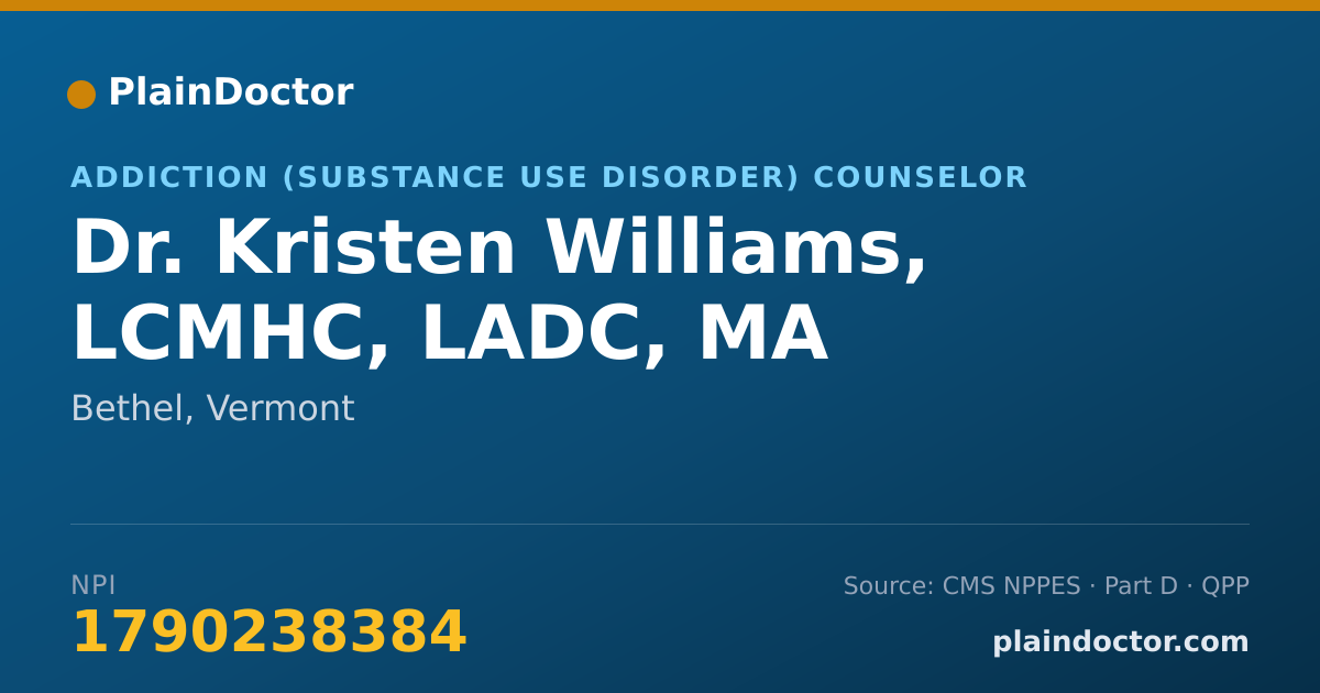 Shareable card for Kristen Williams, LCMHC, LADC, MA - Addiction (Substance Use Disorder) Counselor, Bethel, VT