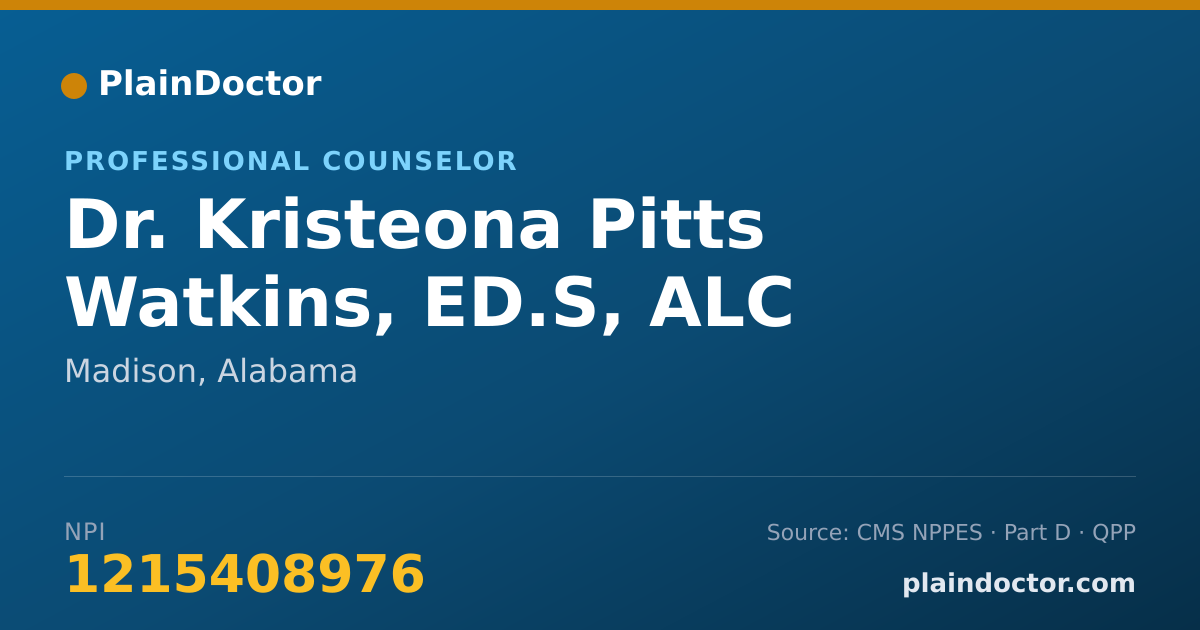 Shareable card for Kristeona Pitts Watkins, ED.S, ALC - Professional Counselor, Madison, AL