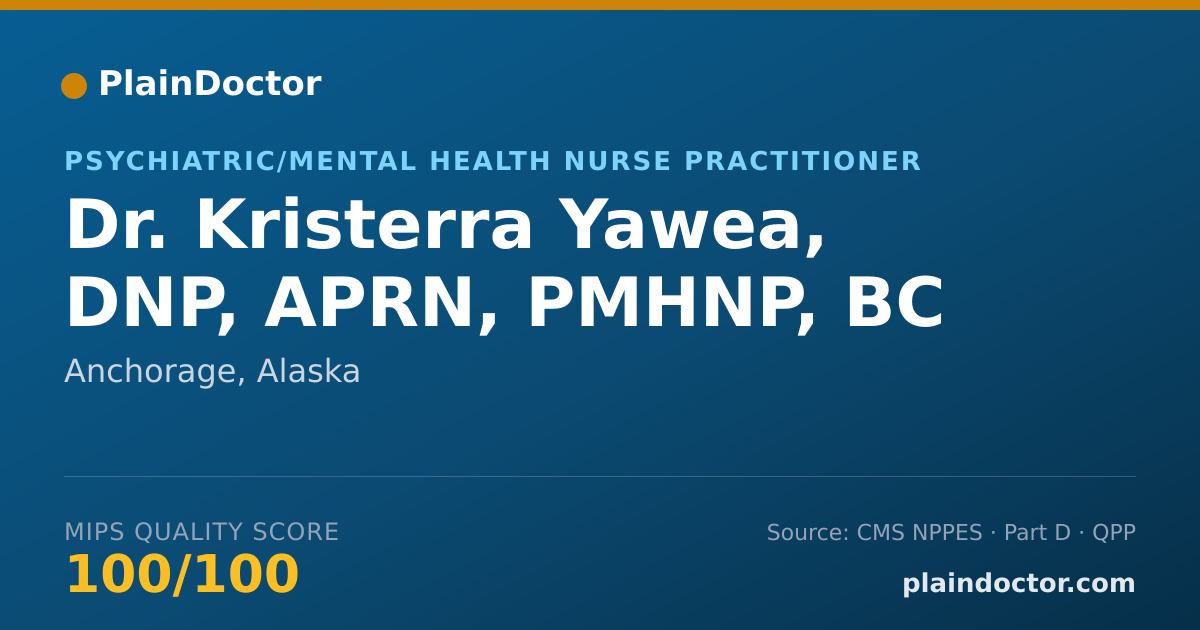 Shareable card for Kristerra Yawea, DNP, APRN, PMHNP, BC - Psychiatric/Mental Health Nurse Practitioner, Anchorage, AK