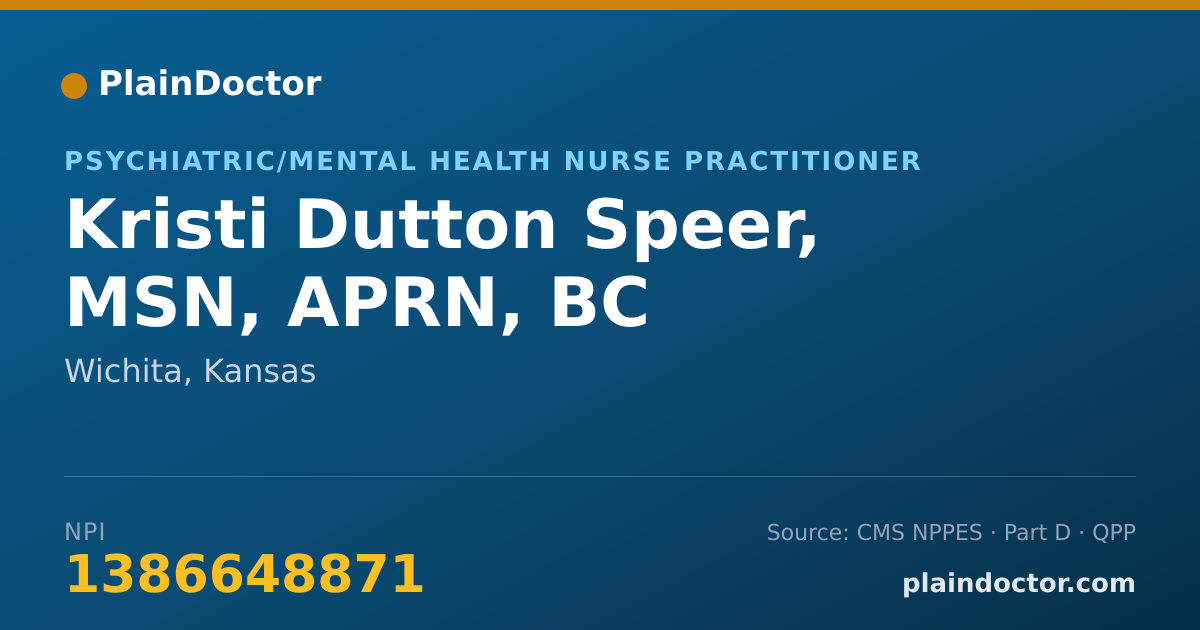 Shareable card for Kristi Dutton Speer, MSN, APRN, BC - Psychiatric/Mental Health Nurse Practitioner, Wichita, KS