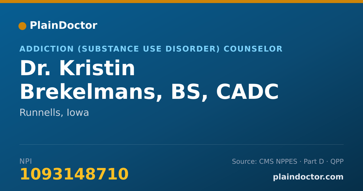 Shareable card for Kristin Brekelmans, BS, CADC - Addiction (Substance Use Disorder) Counselor, Runnells, IA