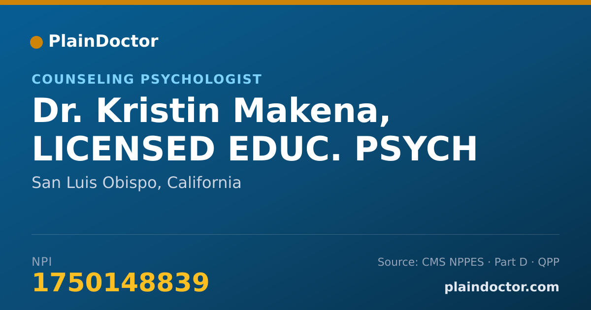 Shareable card for Kristin Makena, LICENSED EDUC. PSYCH - Counseling Psychologist, San Luis Obispo, CA