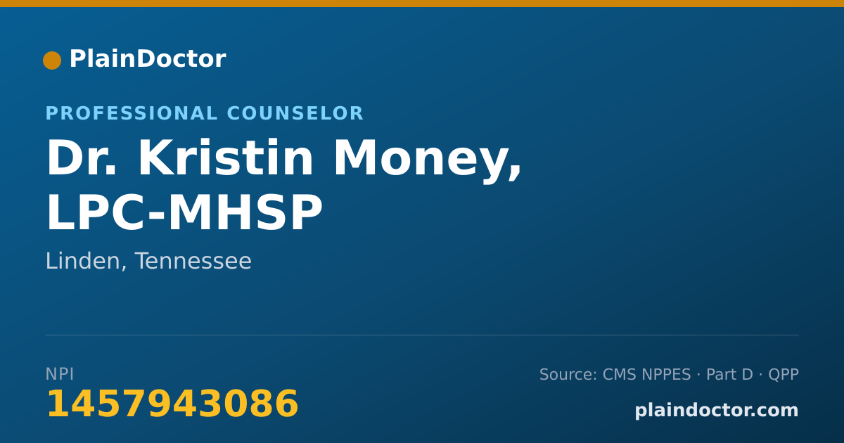 Shareable card for Kristin Money, LPC-MHSP - Professional Counselor, Linden, TN