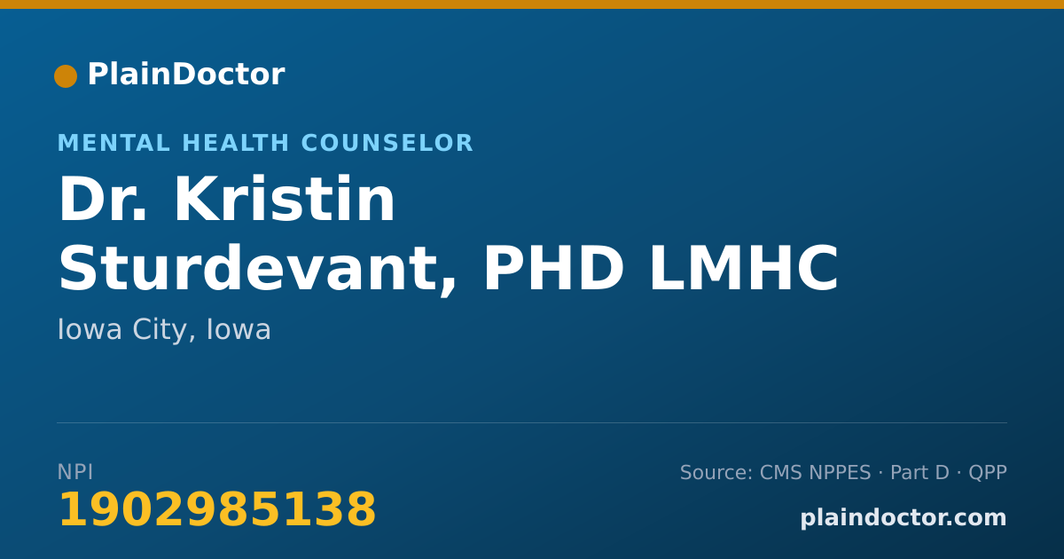 Shareable card for Kristin Sturdevant, PHD LMHC - Mental Health Counselor, Iowa City, IA