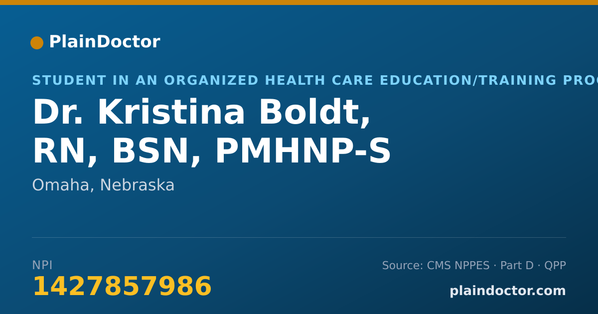 Shareable card for Kristina Boldt, RN, BSN, PMHNP-S - Student in an Organized Health Care Education/Training Program, Omaha, NE