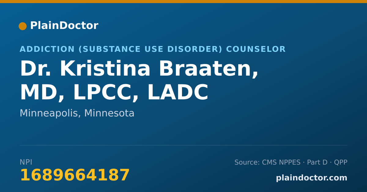Shareable card for Kristina Braaten, MD, LPCC, LADC - Addiction (Substance Use Disorder) Counselor, Minneapolis, MN