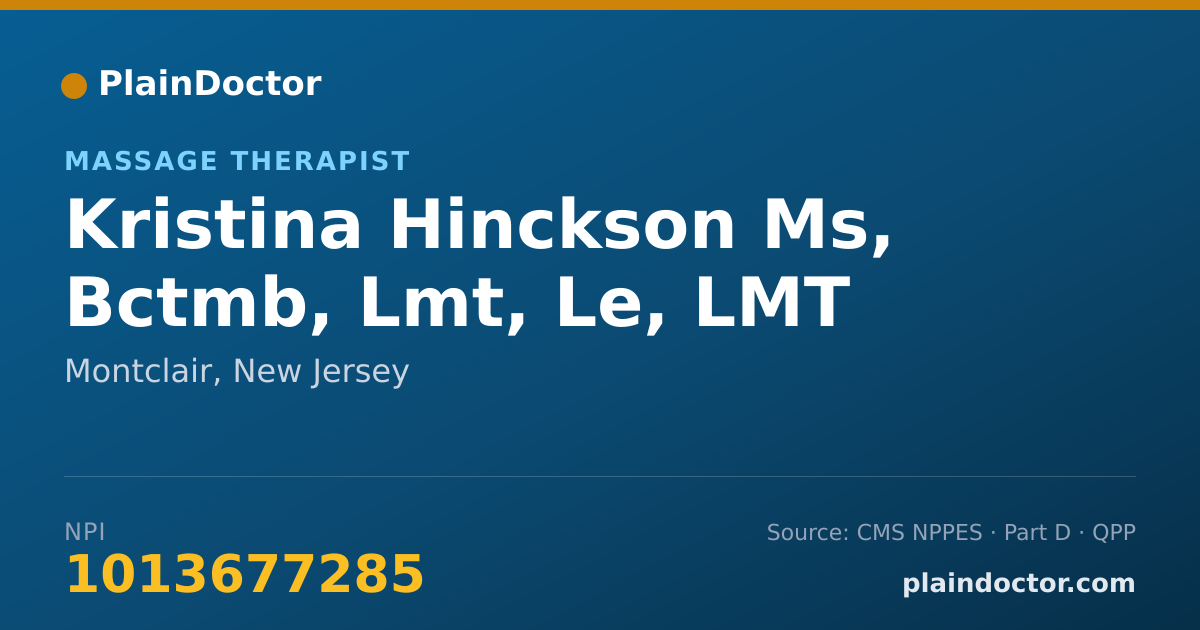 Shareable card for Kristina Hinckson Ms, Bctmb, Lmt, Le, LMT - Massage Therapist, Montclair, NJ