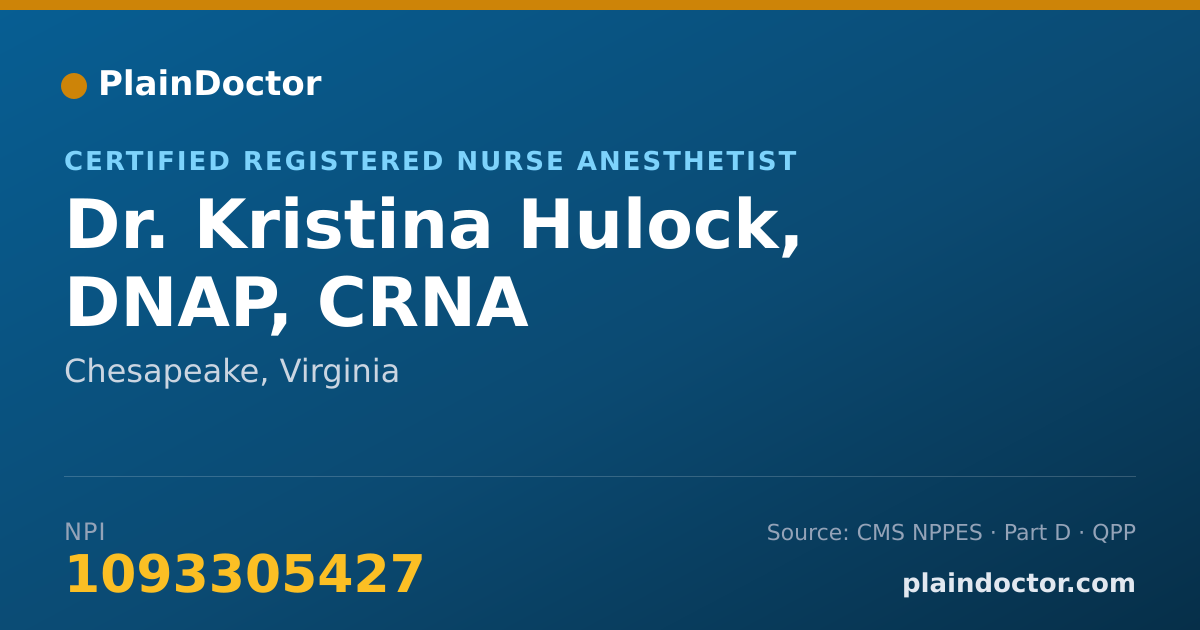 Shareable card for Kristina Hulock, DNAP, CRNA - Certified Registered Nurse Anesthetist, Chesapeake, VA
