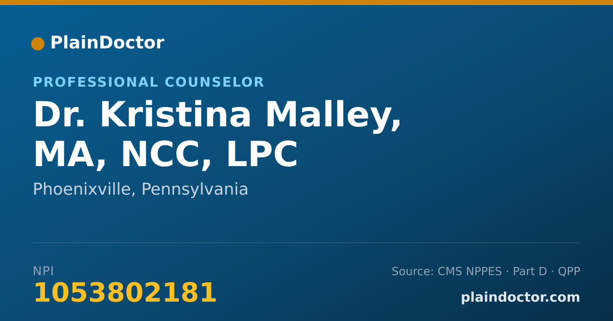 Shareable card for Kristina Malley, MA, NCC, LPC - Professional Counselor, Phoenixville, PA