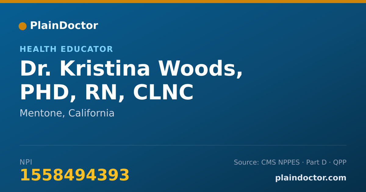 Shareable card for Kristina Woods, PHD, RN, CLNC - Health Educator, Mentone, CA