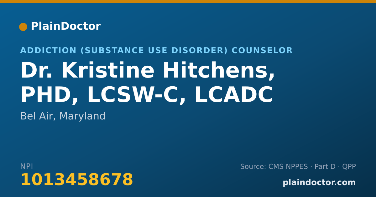 Shareable card for Kristine Hitchens, PHD, LCSW-C, LCADC - Addiction (Substance Use Disorder) Counselor, Bel Air, MD