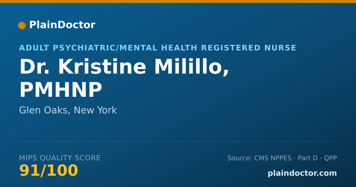 Shareable card for Kristine Milillo, PMHNP - Adult Psychiatric/Mental Health Registered Nurse, Glen Oaks, NY