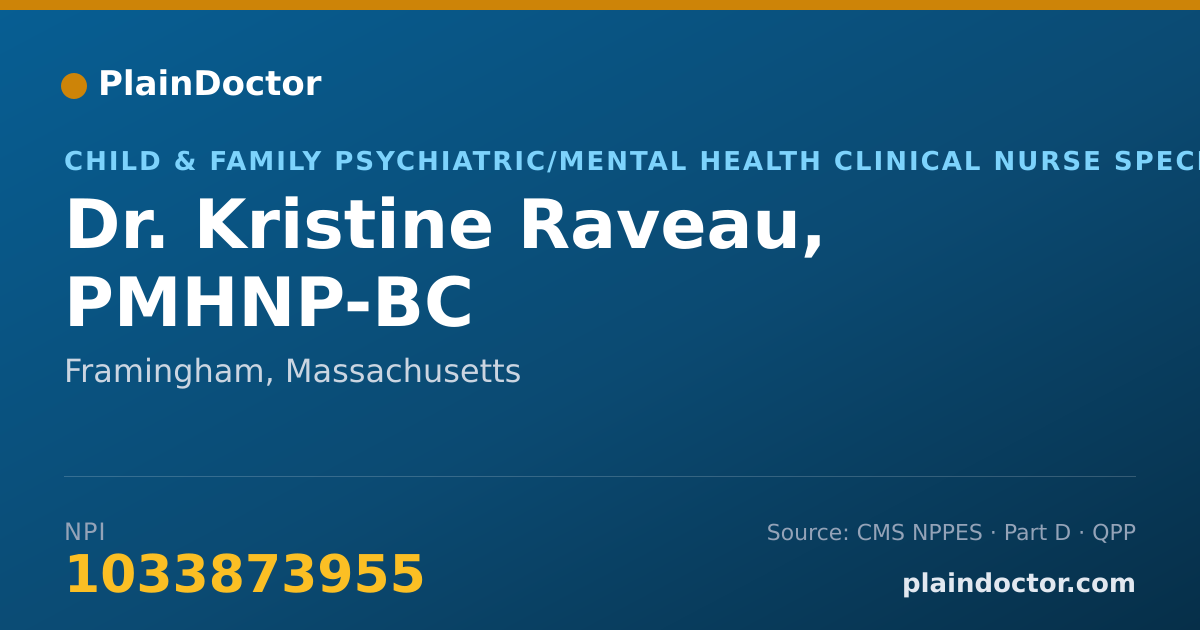 Shareable card for Kristine Raveau, PMHNP-BC - Child & Family Psychiatric/Mental Health Clinical Nurse Specialist, Framingham, MA