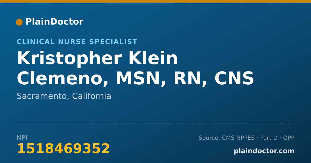 Shareable card for Kristopher Klein Clemeno, MSN, RN, CNS - Clinical Nurse Specialist, Sacramento, CA