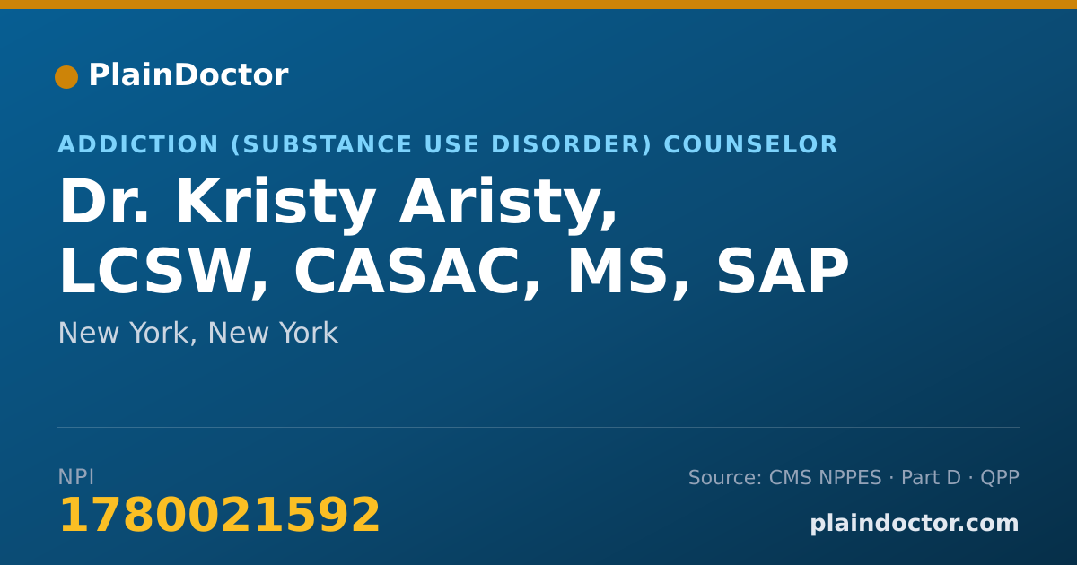 Shareable card for Kristy Aristy, LCSW, CASAC, MS, SAP - Addiction (Substance Use Disorder) Counselor, New York, NY