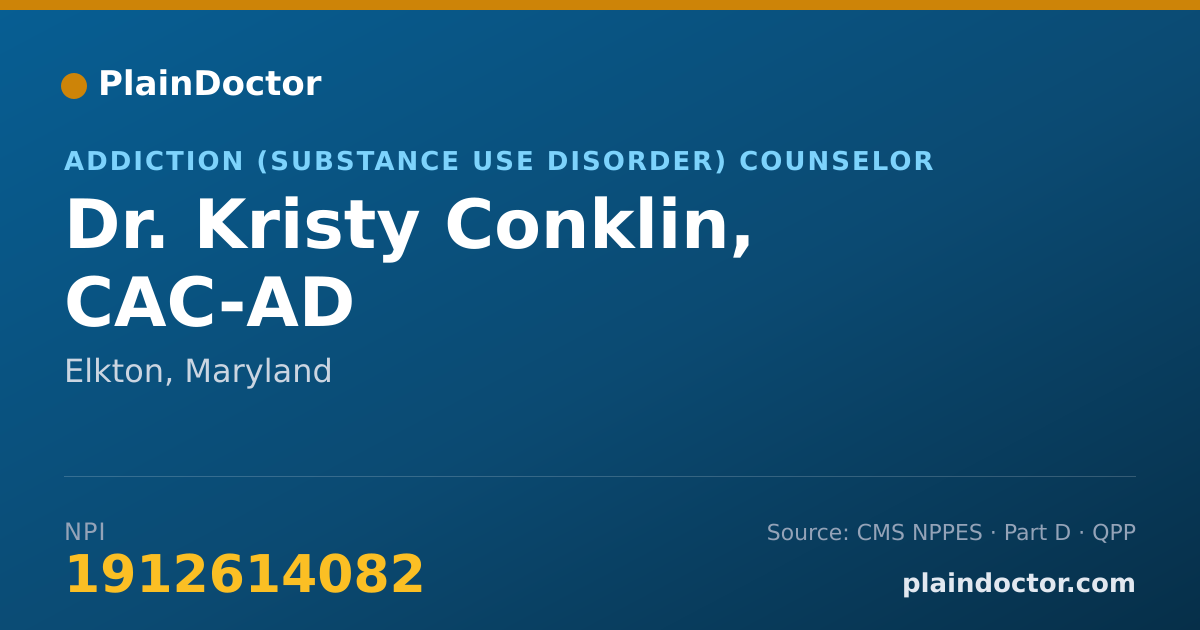 Shareable card for Kristy Conklin, CAC-AD - Addiction (Substance Use Disorder) Counselor, Elkton, MD