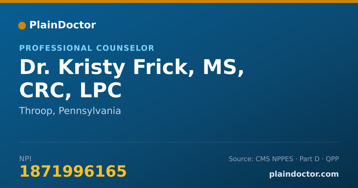 Shareable card for Kristy Frick, MS, CRC, LPC - Professional Counselor, Throop, PA