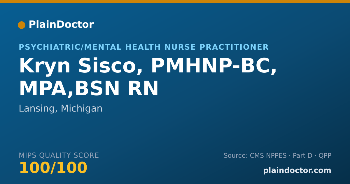 Shareable card for Kryn Sisco, PMHNP-BC, MPA,BSN RN - Psychiatric/Mental Health Nurse Practitioner, Lansing, MI