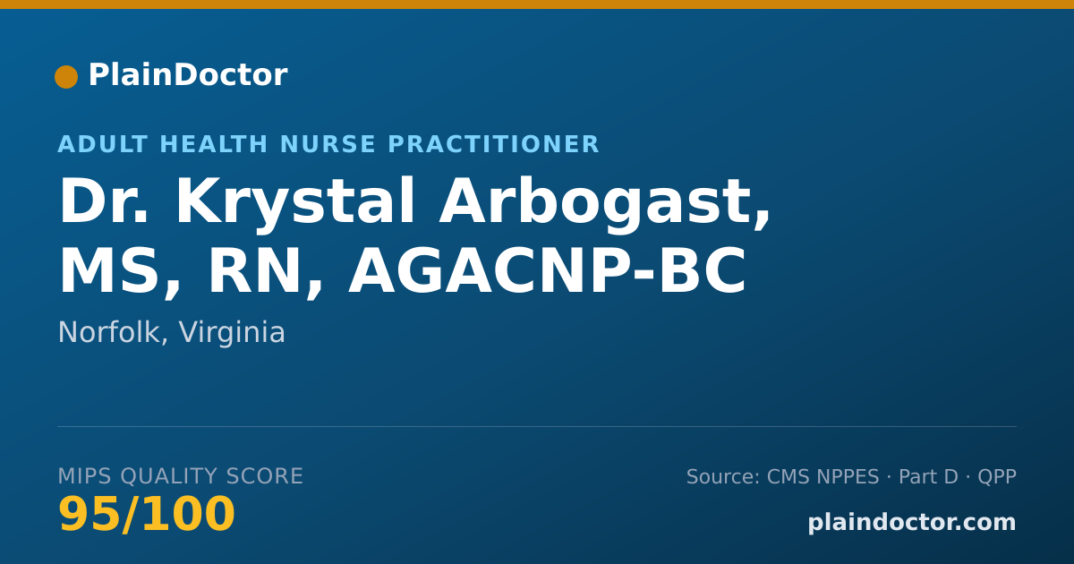 Shareable card for Krystal Arbogast, MS, RN, AGACNP-BC - Adult Health Nurse Practitioner, Norfolk, VA