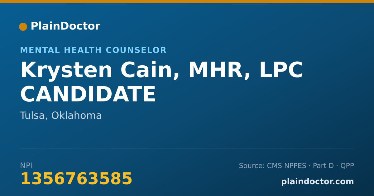Shareable card for Krysten Cain, MHR, LPC CANDIDATE - Mental Health Counselor, Tulsa, OK