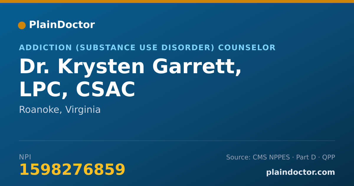 Shareable card for Krysten Garrett, LPC, CSAC - Addiction (Substance Use Disorder) Counselor, Roanoke, VA