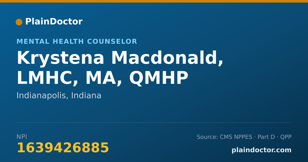 Shareable card for Krystena Macdonald, LMHC, MA, QMHP - Mental Health Counselor, Indianapolis, IN