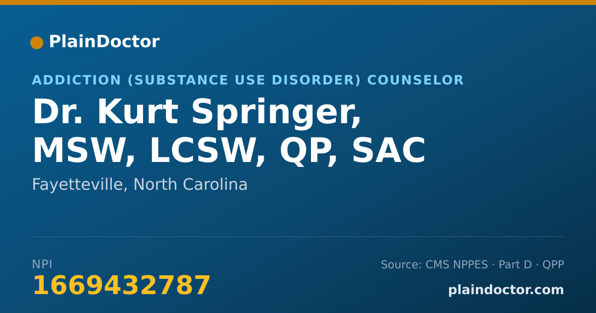 Shareable card for Kurt Springer, MSW, LCSW, QP, SAC - Addiction (Substance Use Disorder) Counselor, Fayetteville, NC