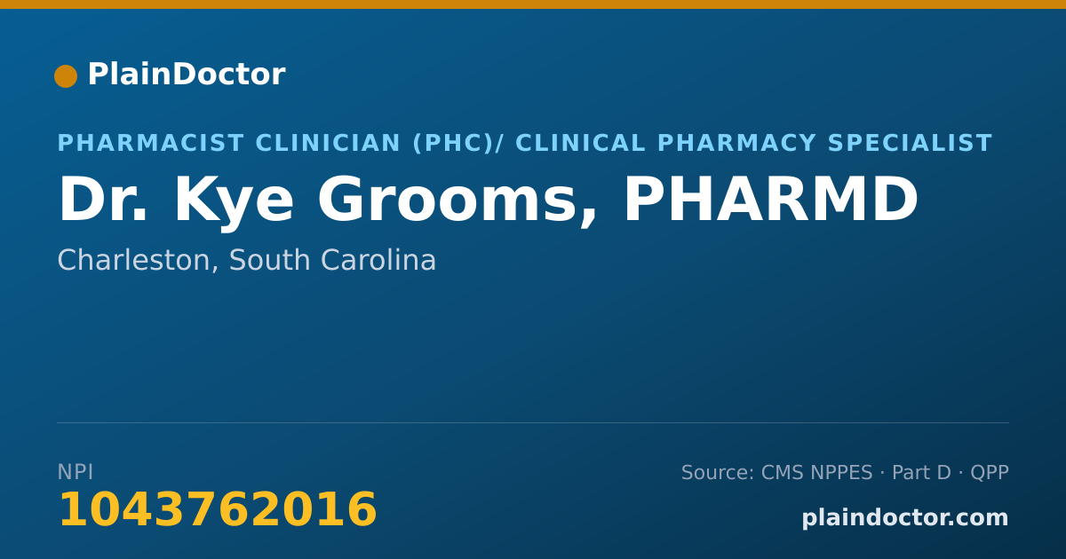 Shareable card for Kye Grooms, PHARMD - Pharmacist Clinician (PhC)/ Clinical Pharmacy Specialist, Charleston, SC