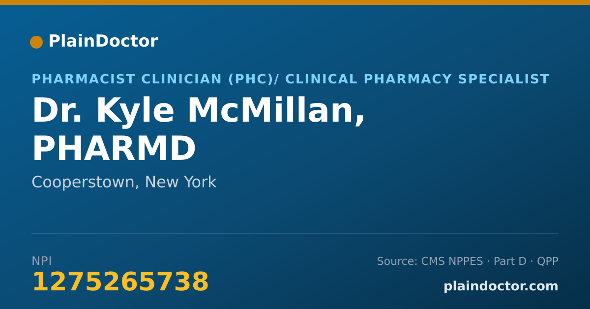 Shareable card for Kyle McMillan, PHARMD - Pharmacist Clinician (PhC)/ Clinical Pharmacy Specialist, Cooperstown, NY