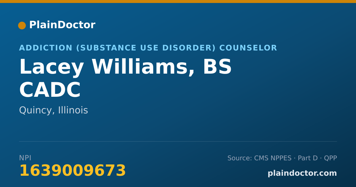 Shareable card for Lacey Williams, BS CADC - Addiction (Substance Use Disorder) Counselor, Quincy, IL