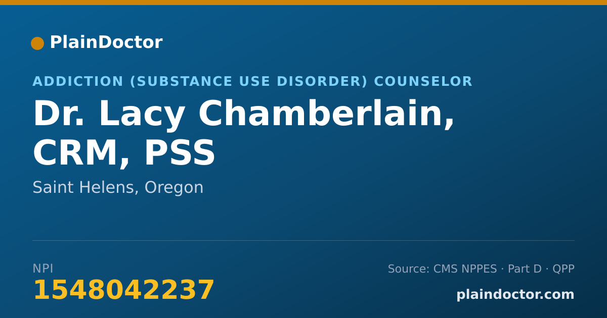 Shareable card for Lacy Chamberlain, CRM, PSS - Addiction (Substance Use Disorder) Counselor, Saint Helens, OR