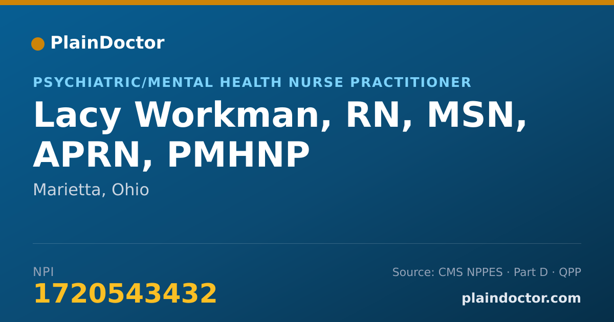 Shareable card for Lacy Workman, RN, MSN, APRN, PMHNP - Psychiatric/Mental Health Nurse Practitioner, Marietta, OH
