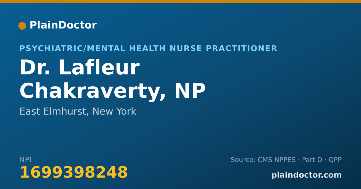 Shareable card for Lafleur Chakraverty, NP - Psychiatric/Mental Health Nurse Practitioner, East Elmhurst, NY