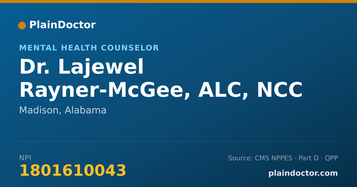 Shareable card for Lajewel Rayner-McGee, ALC, NCC - Mental Health Counselor, Madison, AL
