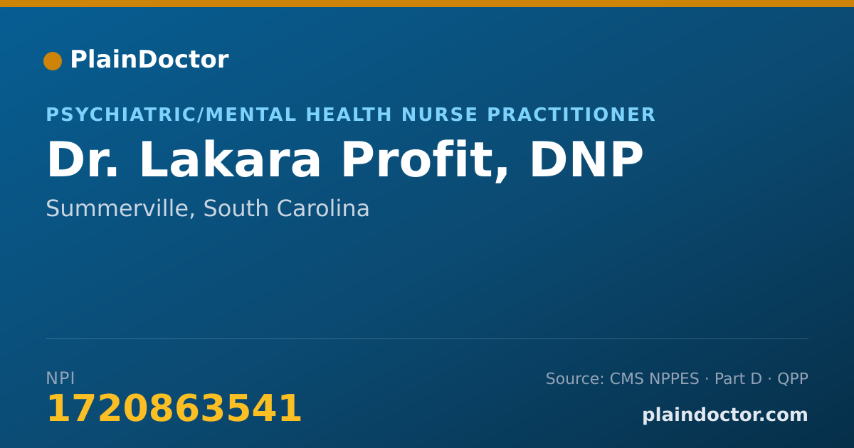 Shareable card for Lakara Profit, DNP - Psychiatric/Mental Health Nurse Practitioner, Summerville, SC