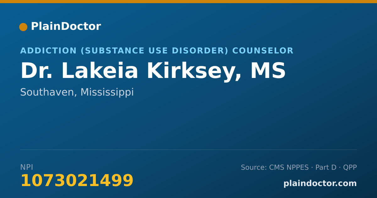 Shareable card for Lakeia Kirksey, MS - Addiction (Substance Use Disorder) Counselor, Southaven, MS