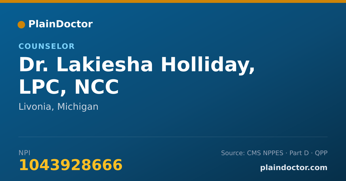 Shareable card for Lakiesha Holliday, LPC, NCC - Counselor, Livonia, MI
