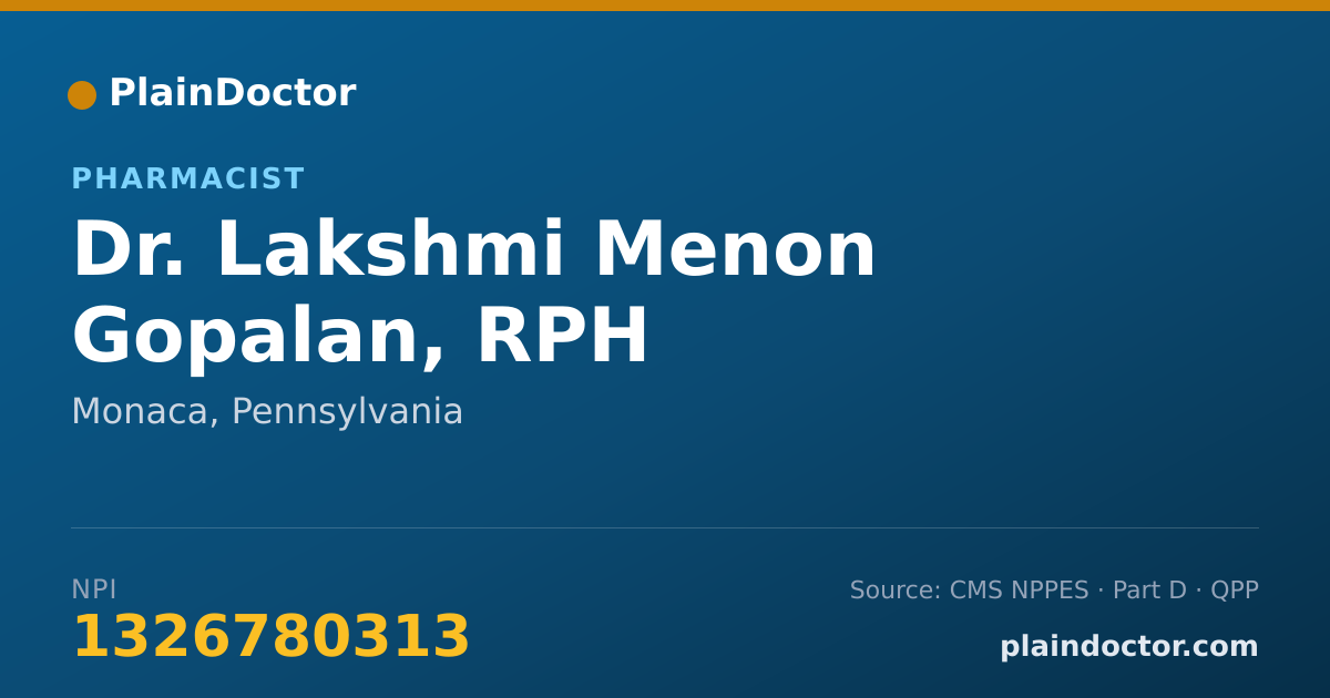 Shareable card for Lakshmi Menon Gopalan, RPH - Pharmacist, Monaca, PA