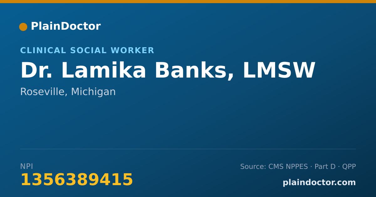 Shareable card for Lamika Banks, LMSW - Clinical Social Worker, Roseville, MI