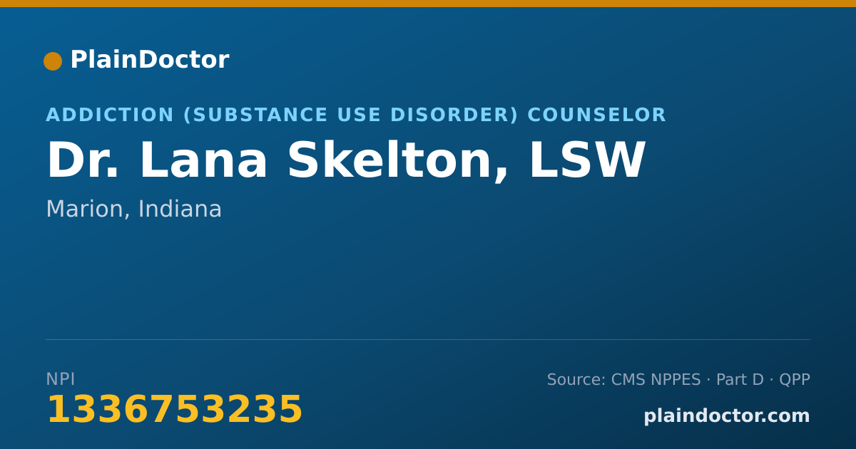Shareable card for Lana Skelton, LSW - Addiction (Substance Use Disorder) Counselor, Marion, IN