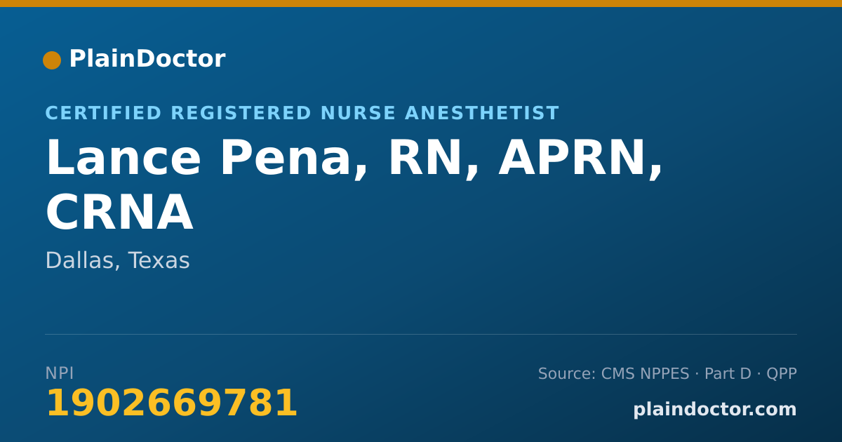 Shareable card for Lance Pena, RN, APRN, CRNA - Certified Registered Nurse Anesthetist, Dallas, TX