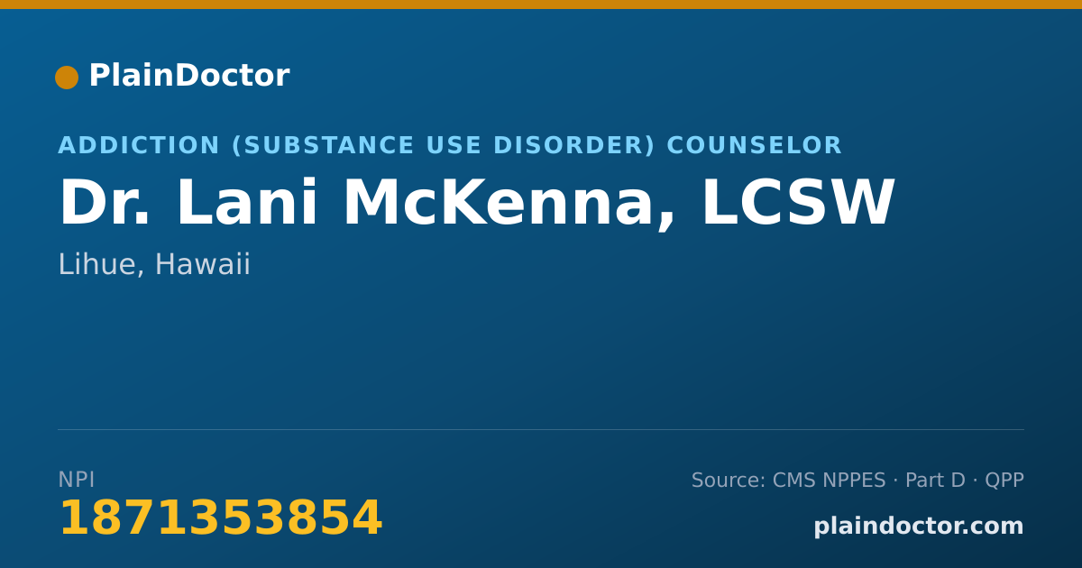 Shareable card for Lani McKenna, LCSW - Addiction (Substance Use Disorder) Counselor, Lihue, HI