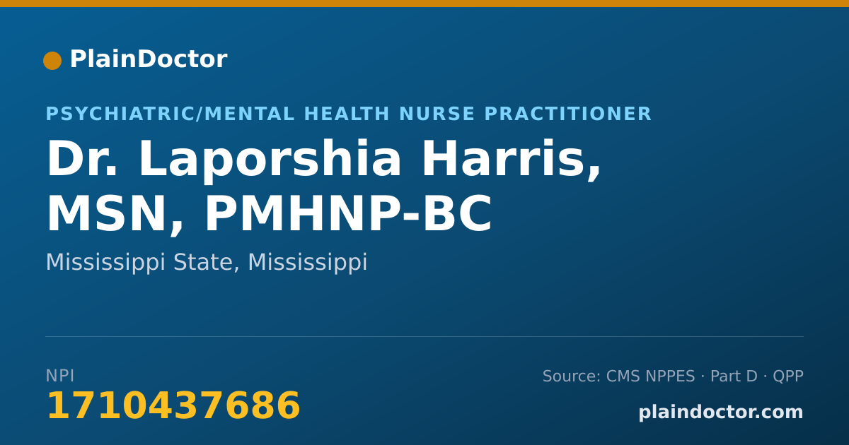 Shareable card for Laporshia Harris, MSN, PMHNP-BC - Psychiatric/Mental Health Nurse Practitioner, Mississippi State, MS
