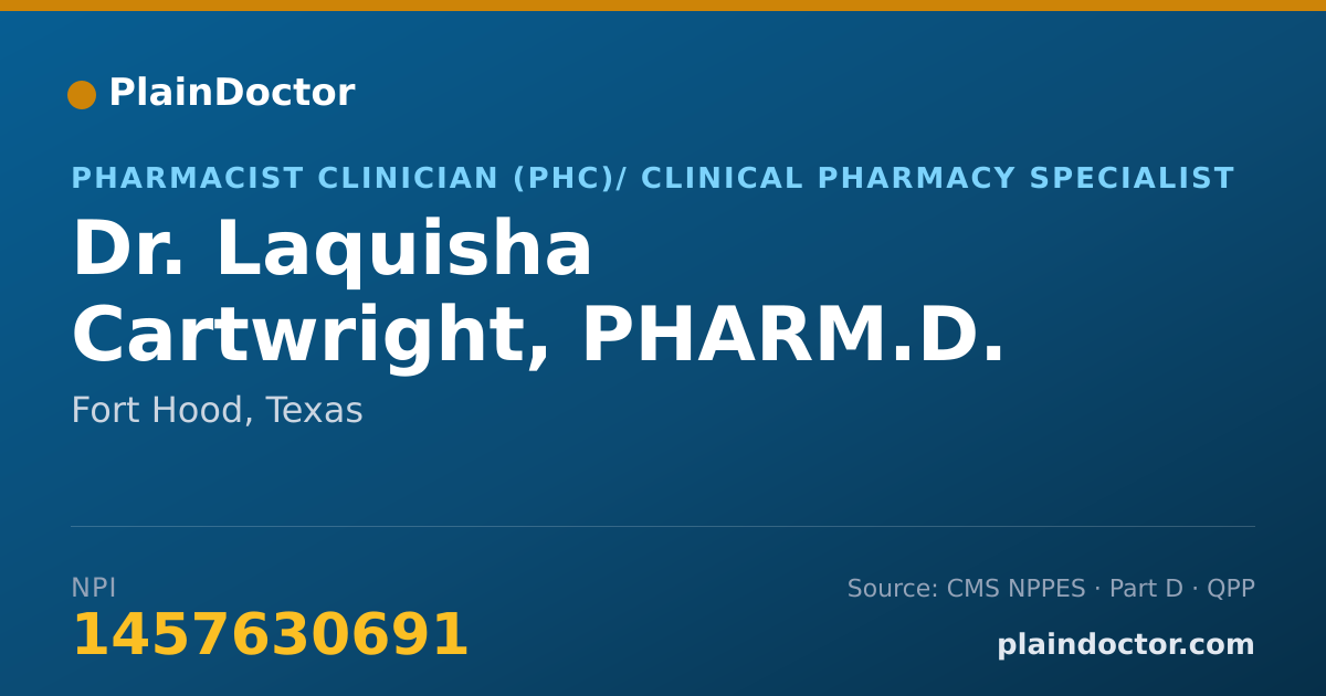Shareable card for Laquisha Cartwright, PHARM.D. - Pharmacist Clinician (PhC)/ Clinical Pharmacy Specialist, Fort Hood, TX