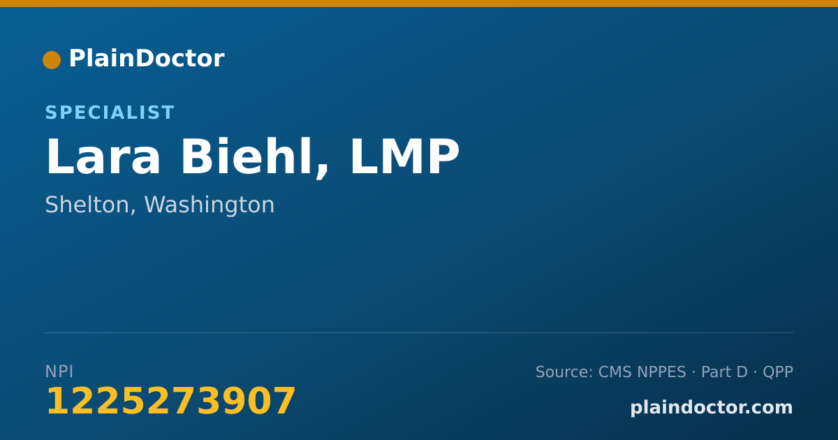 Shareable card for Lara Biehl, LMP - Specialist, Shelton, WA